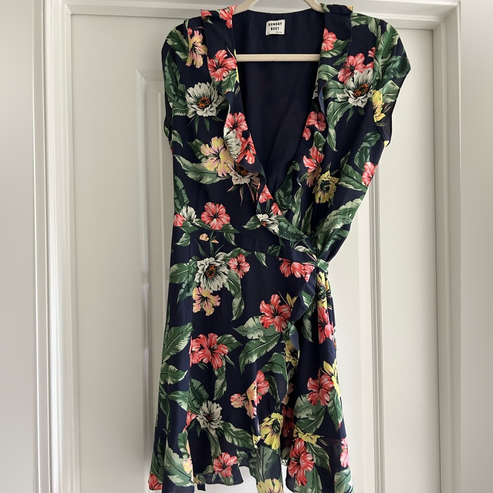 Sunday Best Dress Designee Floral Dragon Fly Wrap Ruffle Dress